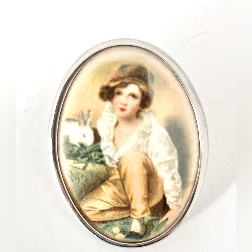 Vintage Silver Oval Brooch with young girl or boy and rabbit